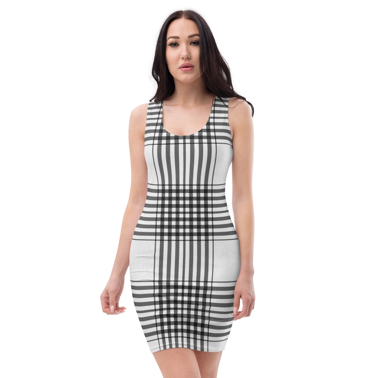 Robot Planet Elegance: White & Black Plaid Silhouette Dress.