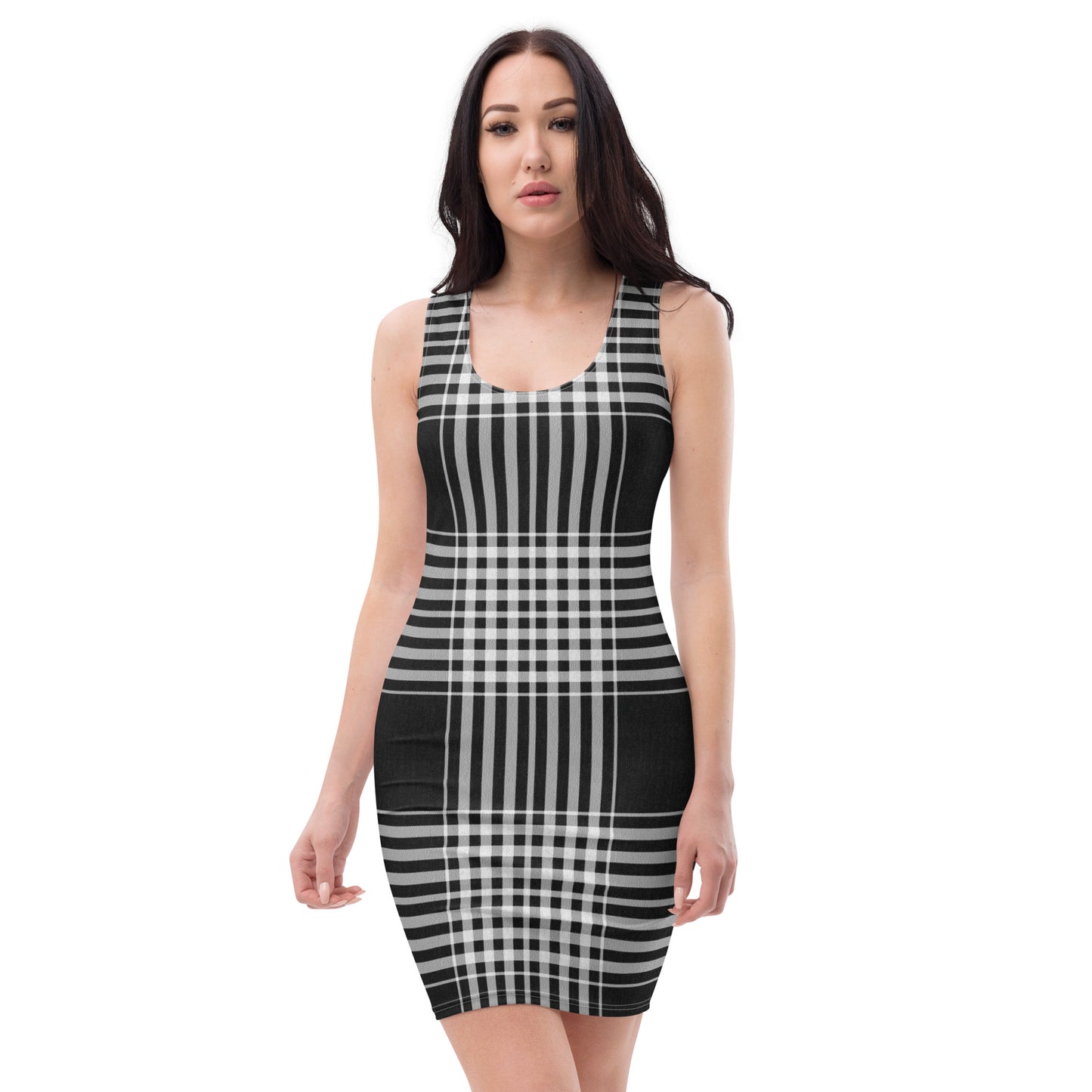 Robot Planet Elegance: Black & White Plaid Silhouette Dress.