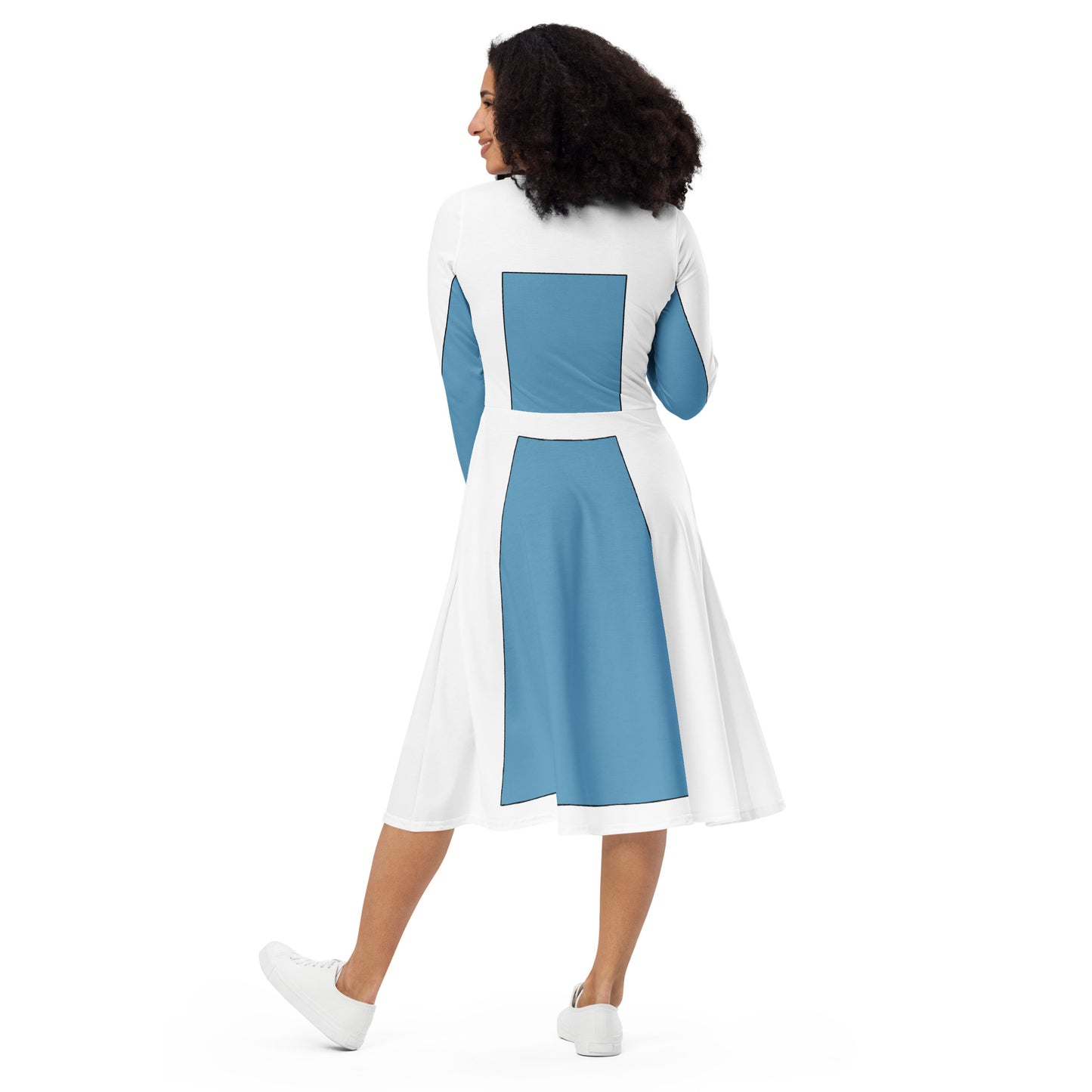 Robot Planet Style: Blue & White Long Sleeve Midi Pockets Dress.