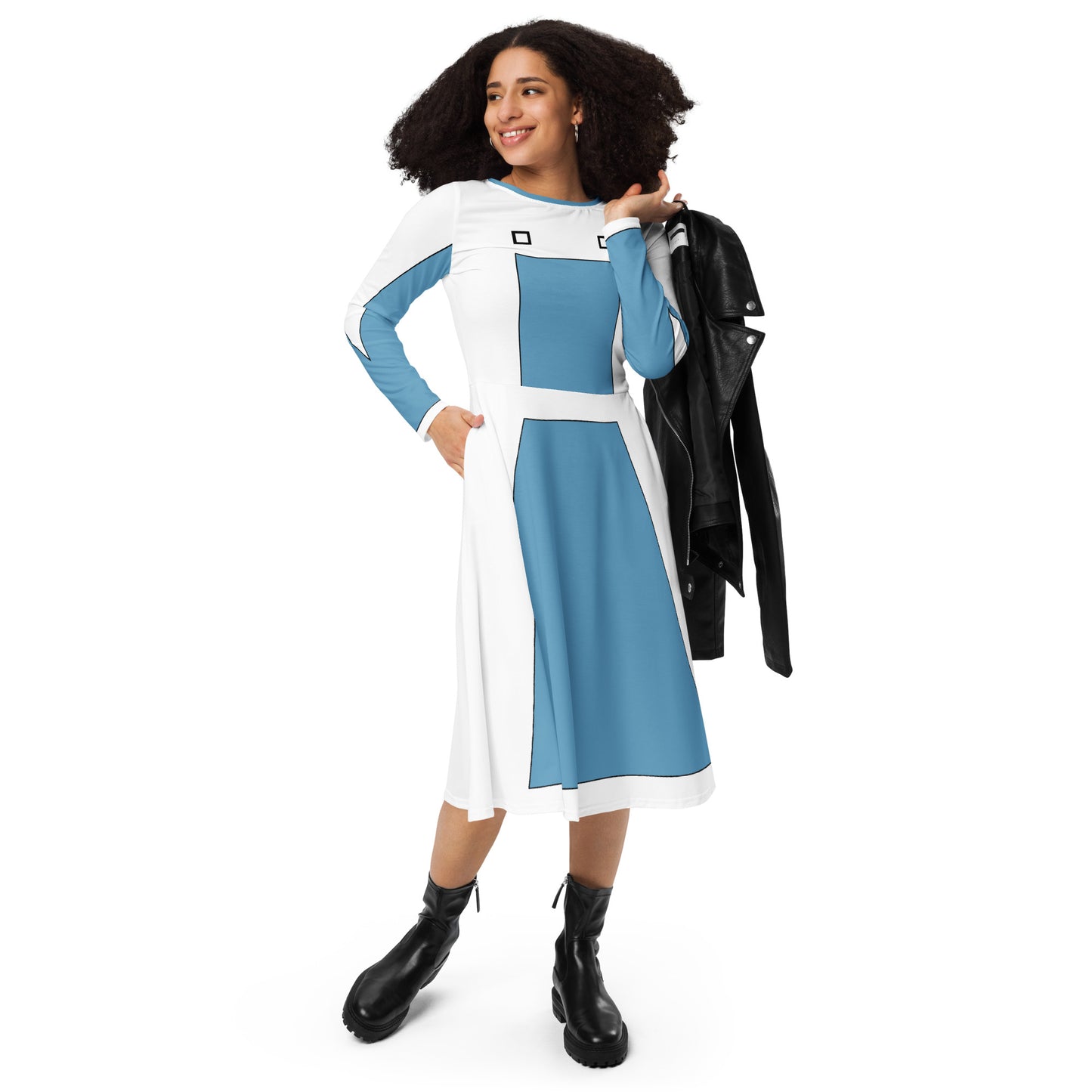 Robot Planet Style: Blue & White Long Sleeve Midi Pockets Dress.