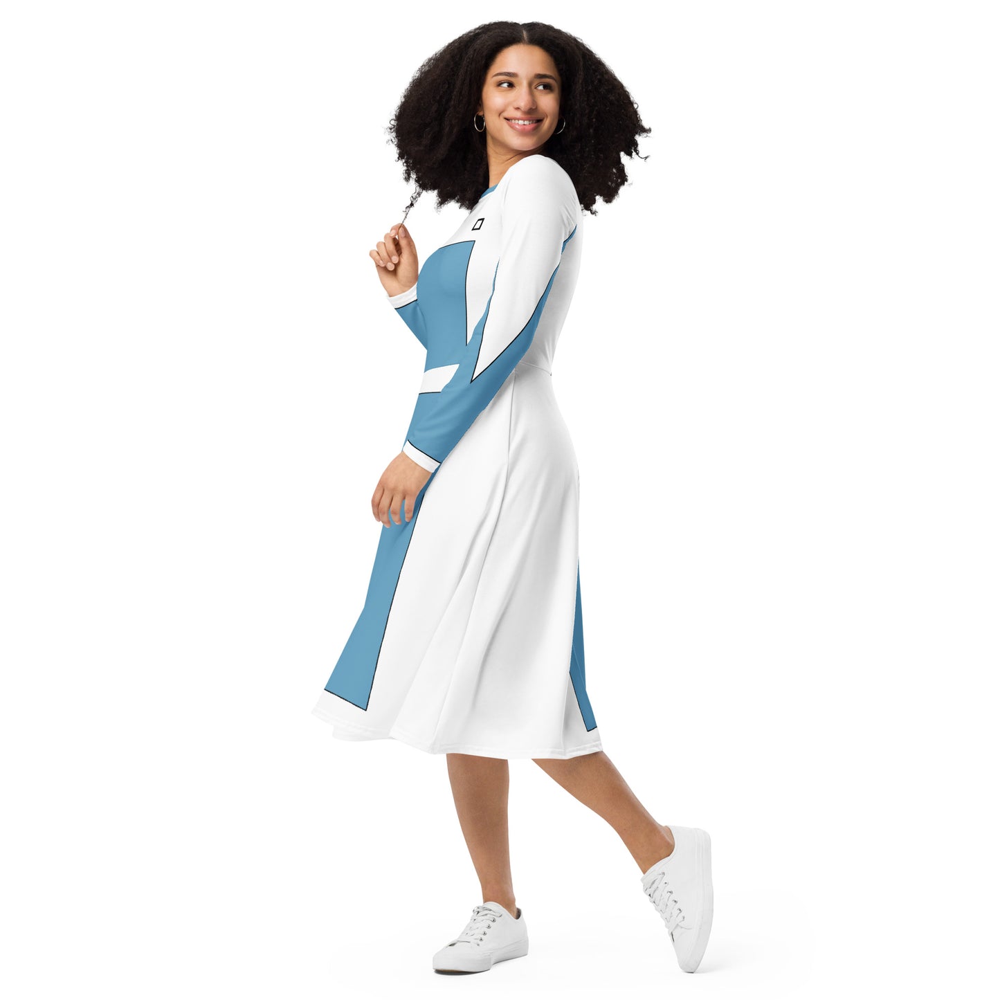 Robot Planet Style: Blue & White Long Sleeve Midi Pockets Dress.