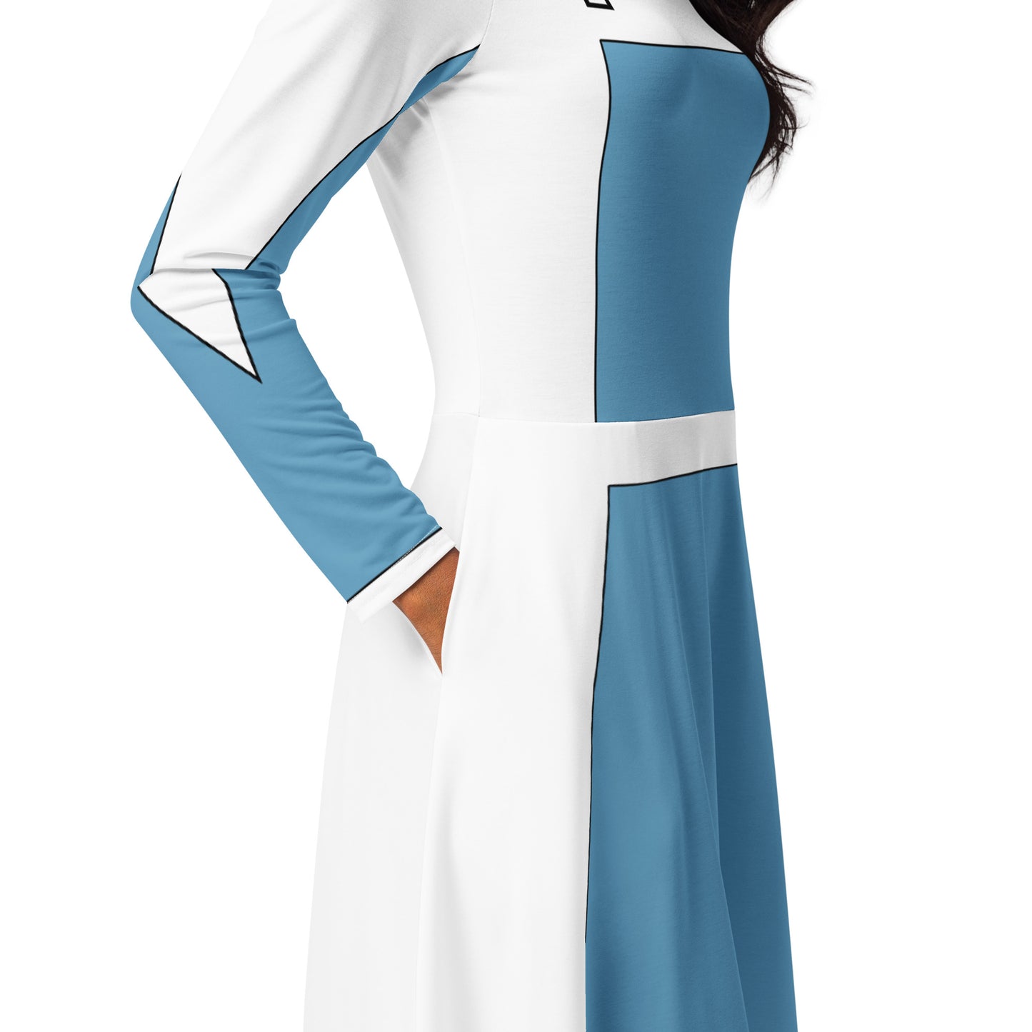 Robot Planet Style: Blue & White Long Sleeve Midi Pockets Dress.