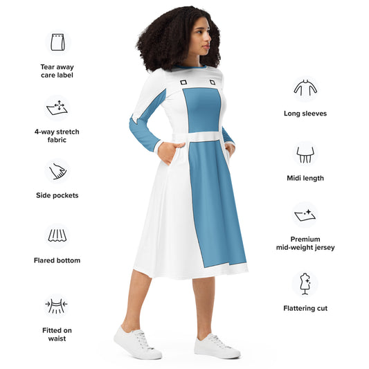 Robot Planet Style: Blue & White Long Sleeve Midi Pockets Dress.